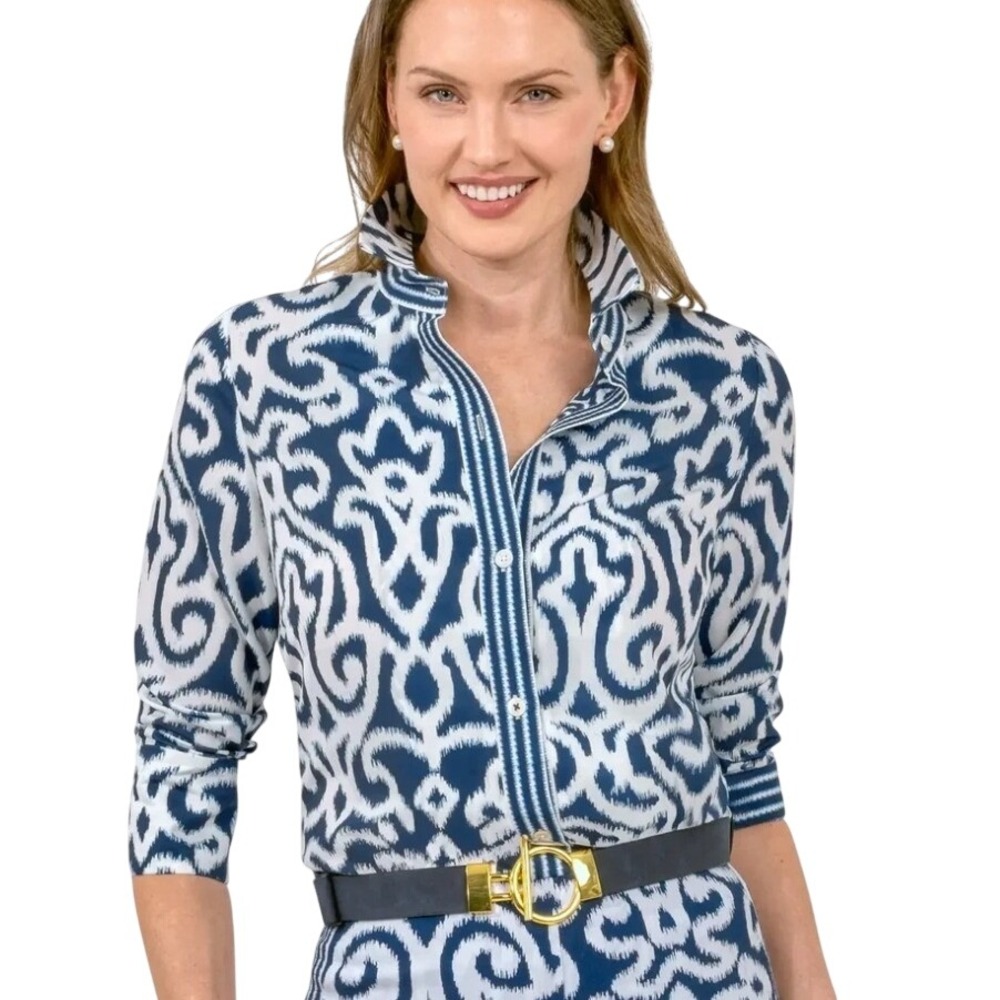 Gretchen Scott Ex-Boyfriend Shirt Small Navy White Arabesque Ikat Cotton Coastal
